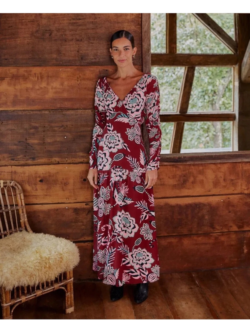 Farm Rio Burgundy Floral V-Neck Long Sleeve Maxi Dress